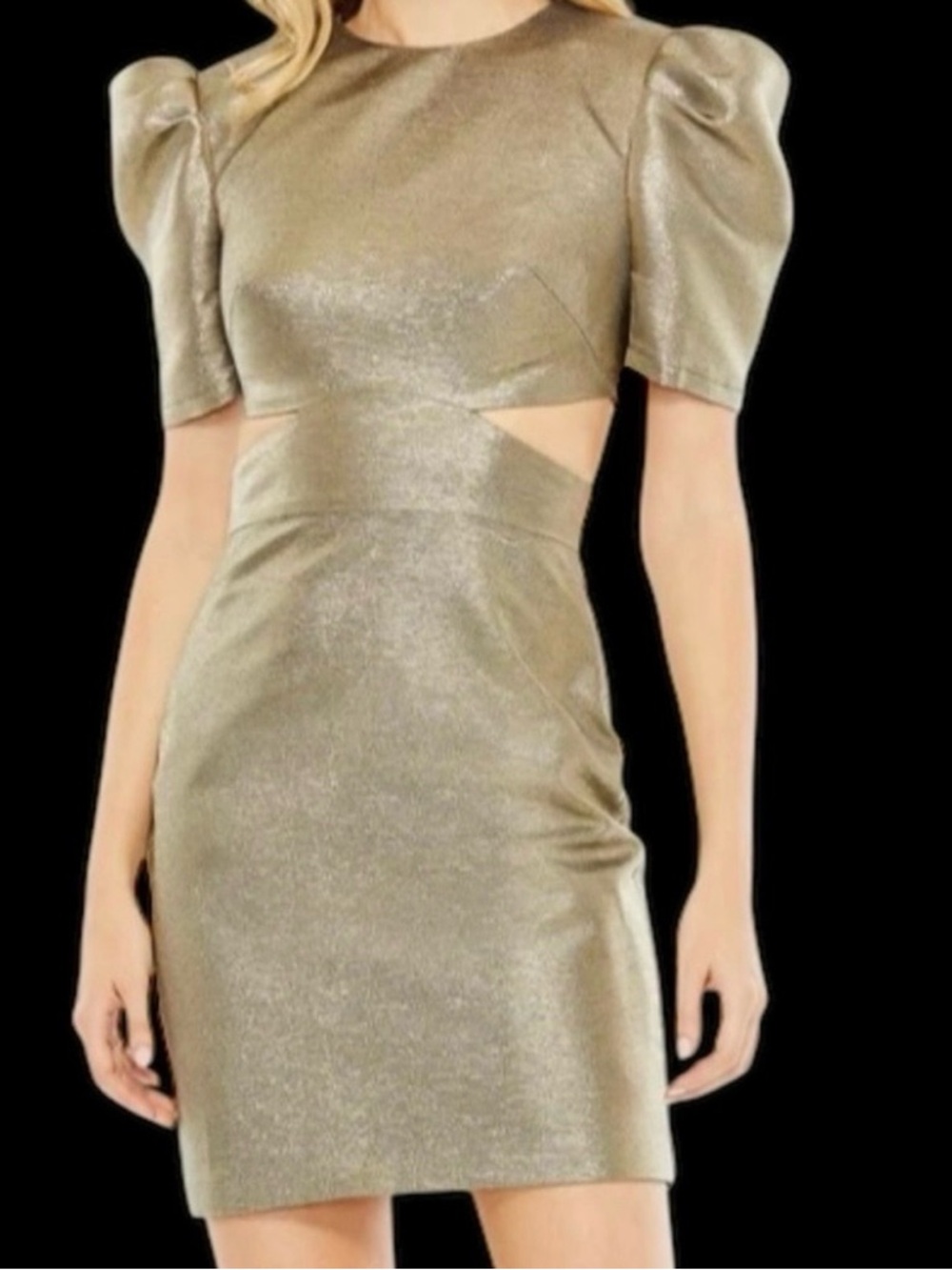 Mac Duggal Cutout Waist Puff Sleeve Cocktail Dress Metallic Gold Formal NWT